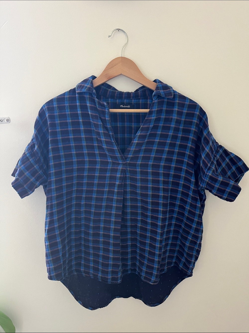 Madewell Blue and Black Plaid V-Neck Button-Back Top